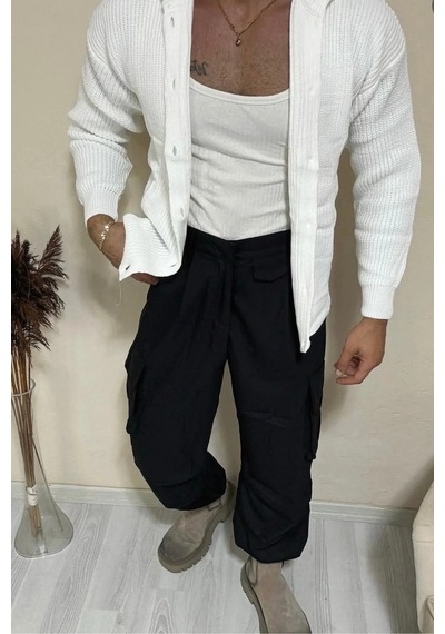 Tarz Cool Erkek Düğme Detaylı Regular Fit Hırka Beyaz