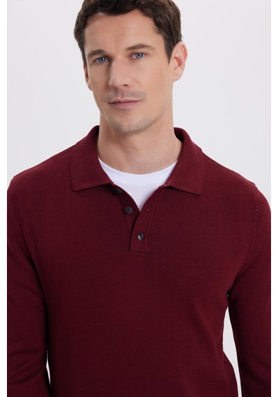 Tudors Erkek Standart Fit Normal Kesim Pamuklu Polo Yaka Bordo Kazak-41883 Bordo