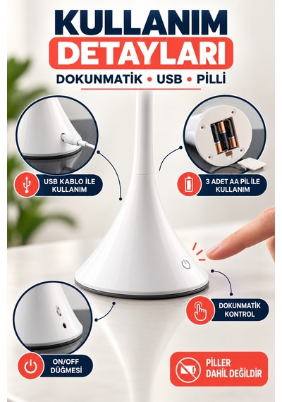Dokunmatik Led Masa Lambası Dimmerli Esnek Akrobatik Kitap Okuma Ders Çalışma Pilli & Usb Kablolu Kullanım Mavi