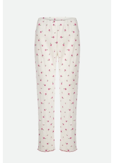 Kadın Pamuklu Çıtır Çiçek Desenli Baby Overloklu Fiyonk Detaylı Uzun Kollu Pijama Takımı Desenli