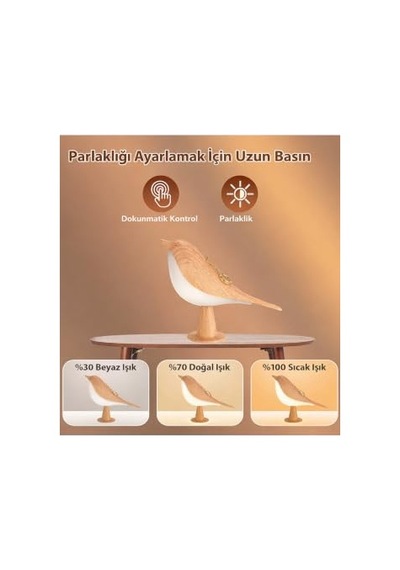 Kuş Tasarımlı Ahşap Led Gece Lambası 3 Modlu Şarjlı Dim Edilebilir Diğer
