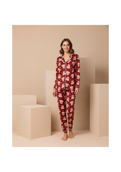 Rindahomewear Anne-kız Ayıcık Desenli Düğmeli Örme Uzun Kollu Pijama Takımı Bordo