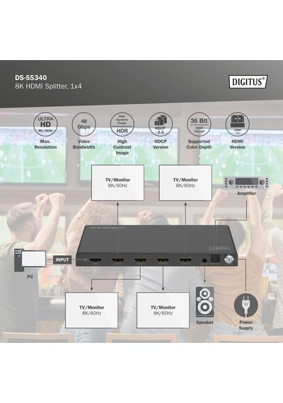 Digitus 1x4 Hdmı Splitters Ayırıcı, 8k/60hz 4:4:4 , Toslink, Stereo, Edıd Kontrolü
