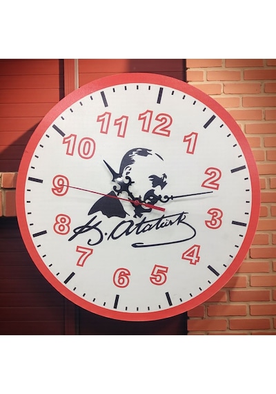 Duvar Saati Atatürk İmzalı Ev Ofis İş Yeri Kırmızı Beyaz