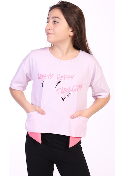 Toontoy Kids Toontoy Kız Çocuk Always Happy Baskılı Tişört Açık Lila