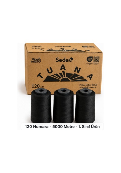 Tuana Polyester Dikiş İpliği 120 Numara 5000 Metre Siyah 3'lü Bobin Makine İpi Konfeksiyon Dikiş İpi