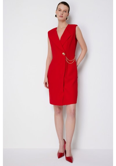 Ekol Kadın Zincir Detaylı Kruvaze Midi Elbise 6044 Kırmızı Kırmızı
