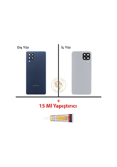Samsung Galaxy M33 Mavi Renk Lensli Arka Kapak + B7000 Yapıştırıcı Arka Cam Batarya Kapağı Pil Kapağı Lazer Kesim Back Cover Galaxy M33 Uyumlu
