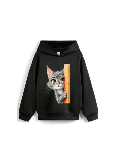 Stil X Sevimli Kediler Baskılı Kapüşonlu Çocuk Sweatshırt Siyah-2