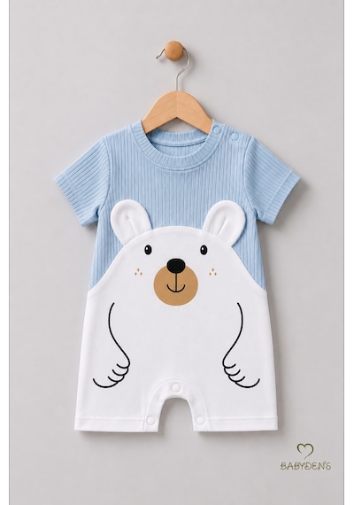 Babyden's Erkek Bebek Ayıcık Baskılı Kısa Kollu %100 Pamuk Yazlık Bebek Tulumu Yenidoğan Günlük Tulum 0-9 Ay Bebe Mavi