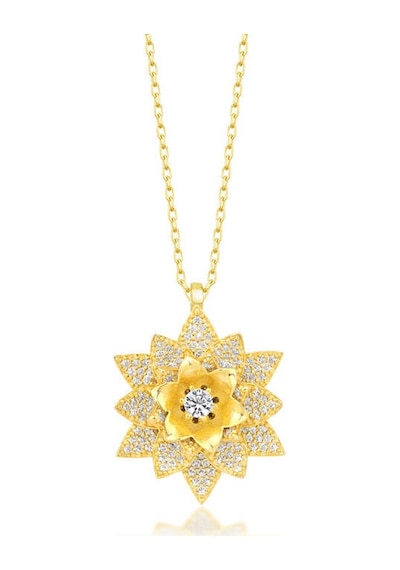 Gümüş Gold Beyaz Taşlı Lotus Çiçeği Kadın Kolye Gold