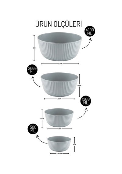 Luno Model 4 Lü Kapaklı Kase Seti 500/1300/2600/4200ml - Saklama Kabı Seti Gri