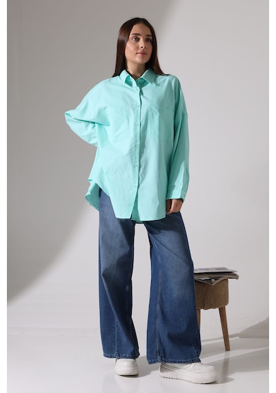 Yeni Sezon Poplin Kumaş Çift Cepli Oversize Pamuklu Kadın Tunik Gömlek Turkuaz