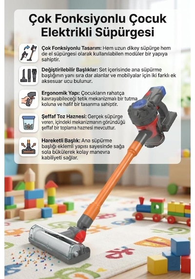 İlk Dikey Süpürgem Gerçekci Vakum Yapan Pilli Sesli 3 Farklı Başlıklı 70cm Oyuncak Dikey Süpürge 1