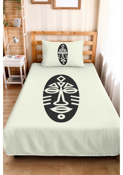 Etnik Minimal Krem Genç Odası Tek Kişilik Pike Takımı - Siyah Geometrik 160x220 Cm Yatak Örtüsü Ilık Yaprak Parıltısı
