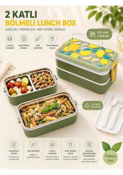 Vagonlife Vgn-6748 Yeşil 700 Ml 2 Katlı Paslanmaz Çelik Lunch Box Beslenme Kabı Çok Renkli