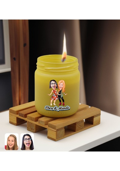 Bk Gift Kişiye Özel Dtf Anne Kız Karikatürlü Sarı Renkli Cam Kavanozda Kokulu Mum-1, Arkadaşa Hediye, Anneye Hediye, Doğum Günü Hediyesi