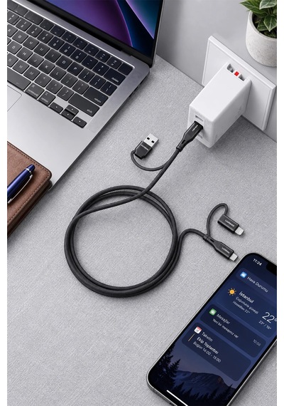 Ven-dens Vd-dca06 60 W Pd 4 Ü 1 Arada Şarj Ve Veri Kablosu, Type-c, Lightning Ve Usb-a, 1.5 Metre Siyah