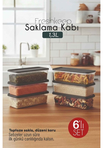 6'lı Saklama Kabı 1,3 Litre Derin Dondurucu Mikrodalga Uyumlu Gri