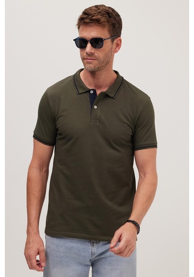 Tudors Erkek Slim Fit Dar Kesim %100 Pamuk Yumuşak Dokulu Serin Tutan Kumaş Düz Pike Haki Polo Yaka Tişört-42250 Haki