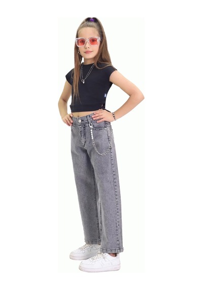 Gzt Tekstil Kız C Ocuk Pantolon Metalik Zincir Detaylı Bol Paça Kız Çocuk Kot Pantolon 6-15 Yaş Denim