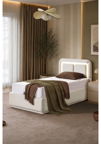 Demonte Baza Seti, Nox Ledli Tek Kişilik Baza Başlık Seti - İkili Set, Krem - 100x200 Cm 100 x 200