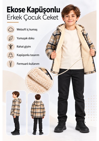 Ahengim Erkek Çocuk Kapüşonlu Ekose Oduncu Gömlek Welsoft Astarlı Fermuarlı Cepli Ceket Ak1666 Krem Ahengim Erkek Çocuk Kapüşonlu Ekose Oduncu Gömlek Welsoft Astarlı Fermuarlı Cepli Ceket Ak1666 Krem