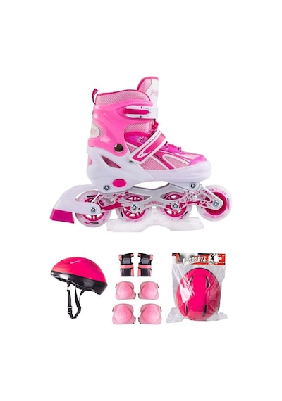 Pembe Çift Sıra Ayarlanabilir Alıştırma Pateni Kask Dizlik Seti Pembe