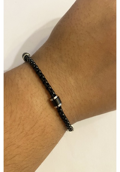 Erkek Silver Renk Detay Çelik Zincir Bileklik Siyah