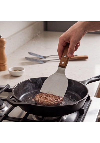 Ahşap Saplı Paslanmaz Çelik Spatula 24cm Eğilimli Çok Amaçlı Mutfak Spatulası Izgara, Burger, Sebze, Temizlik İçin Profesyonel Metal Spatula