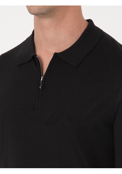 Cacharel Siyah Regular Fit Yün Karışımlı Fermuarlı Polo Yaka Triko Kazak