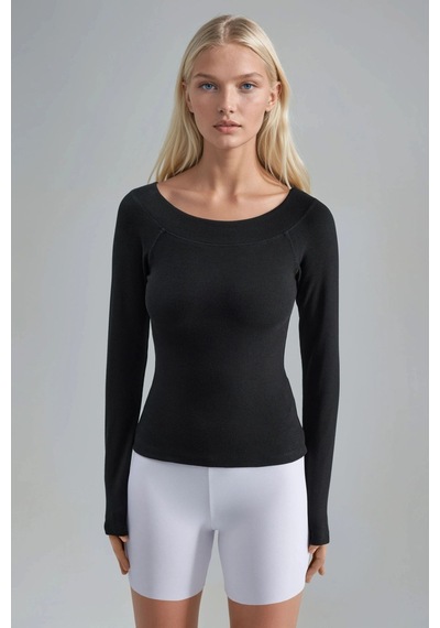 Hiccup Busem Slim Fit Fitilli Kayık Yaka Bluz Siyah