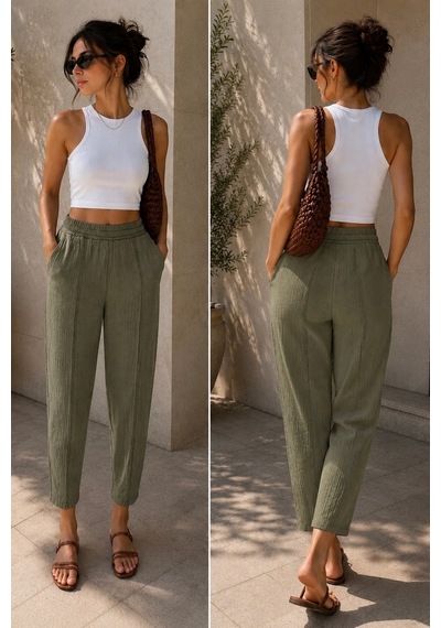 Bbbutikbasic Kadın Müslin Havuç Kesim Rahat Pantolon My3535 haki