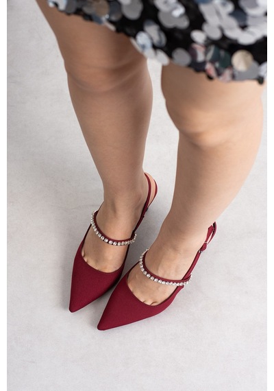 Shoetek Lorwen Kadın Topuklu Önden Bantlı Taşlı İnce Topuklu Stiletto Bordo Saten