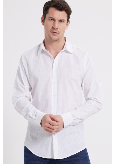 Tudors Erkek Slim Fit Dar Kesim Uzun Kollu %100 Pamuk Keten Doku Çizgili Gömlek-42651 Beyaz