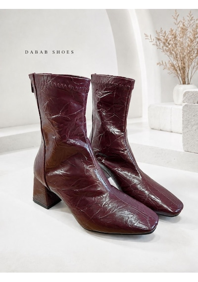 Dabab Shoes Janıce Kadın Bordo Küt Kare Burun Kırışık Desenli Rugan Streç Arkadan Fermuarlı 6 Cm Kalın Topuklu Bot Bootie