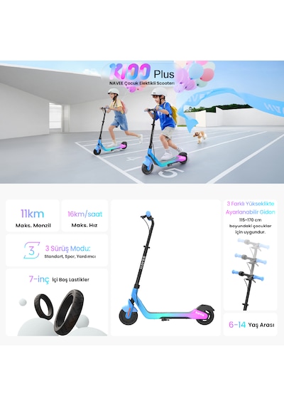 K100 Plus Ayarlanabilir Gidonlu Çocuk Elektrikli Scooter 160w Güç 11 Km Menzil Mavi