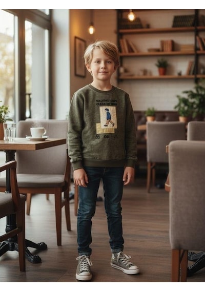 Zekids Erkek Çocuk Pamuklu Clear My Mind Yazılı Batik Desenli Sweatshirt-16333 Haki