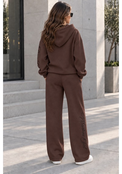 Macklin Unisex Kadın Erkek Martini Girl Kol Paça Baskılı Oversize 3 İplik Kapüşonlu Sweatshirt Ve Baggy Eşofman Altı Kahverengi