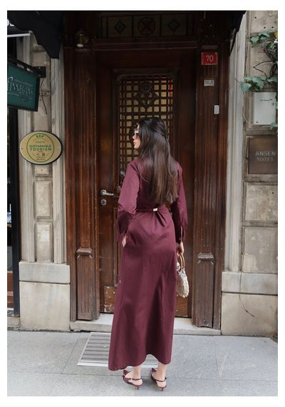 Kechi Woman Poplin Kumaş Akseusarlı Elbise Bordo