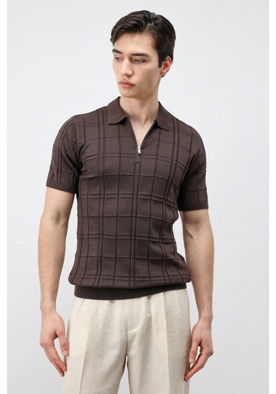 Antioch Kareli Desenli Erkek Triko T-shirt Kahverengi