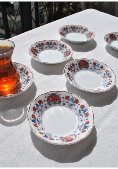 6'lı Porselen Çay Tabağı Etnik Vintage Çini Motifli Çay Tabak 10 Cm - Ahura Kırmızı