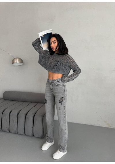 Kadın Straight Jean Yırtık Detaylı Ara Bel Boru Paça Kot Pantolon Gri Gri
