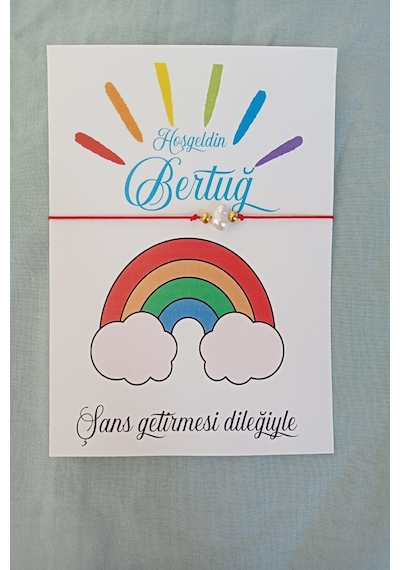 20 Adet Gökkuşağı Kartlı Şans Bilekliği - Bebek Hediyelik - Mevli
