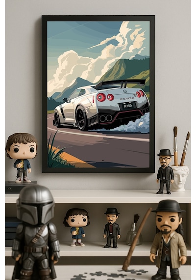 Nissan Gtr Siyah Ahşap Çerçeveli Poster, Dekoratif Araba Duvar Tablosu
