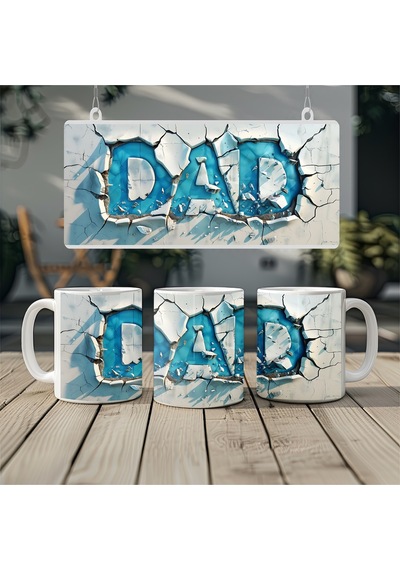 3 Boyutlu Dad Yazılı Kupa Mavi İngilizce Baba Yazılı Tasarım Kabartmasız Beyaz