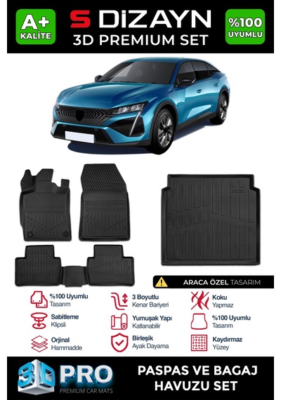 S-dizayn Peugeot 408 3d Pro Havuzlu Paspas Ve Bagaj Havuzu Seti 2'li Set 2023 Üzeri A+ Kalite