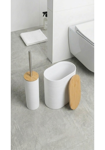 Makri Home 6 Parça Bambu Kapaklı Banyo Seti, Beyaz, Oval, Hacim: 8 Litre