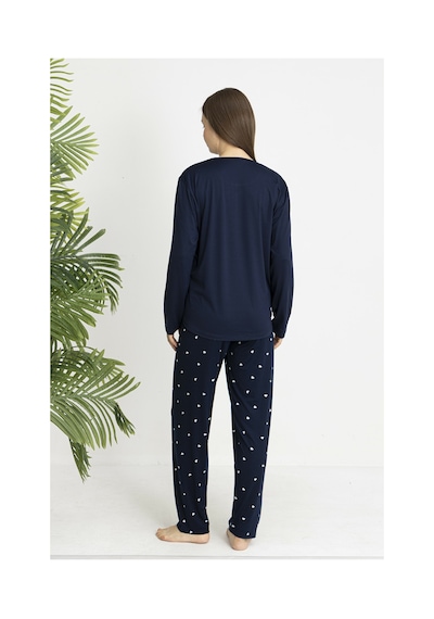 Estiva Kadın Kalp Alt Desenli Soft Uzun Kollu Pijama Takımı Lacivert