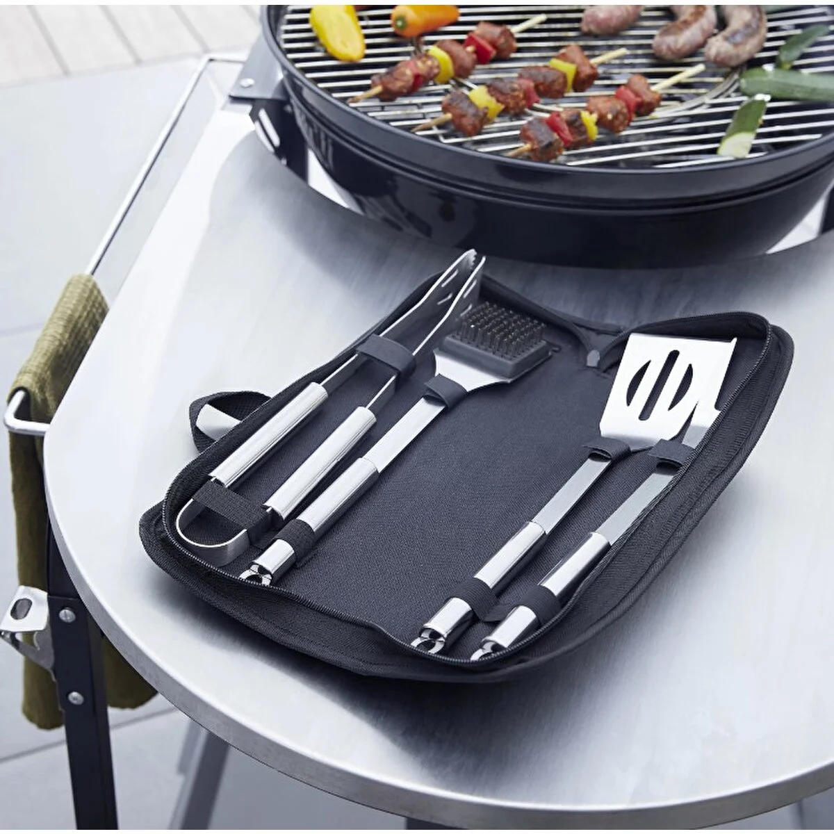 Paslanmaz Çelik Barbekü Mangal Aletleri Seti Maşa, Çatal, Spatula Ve Fırça 4 Parça Taşıma Çantalı